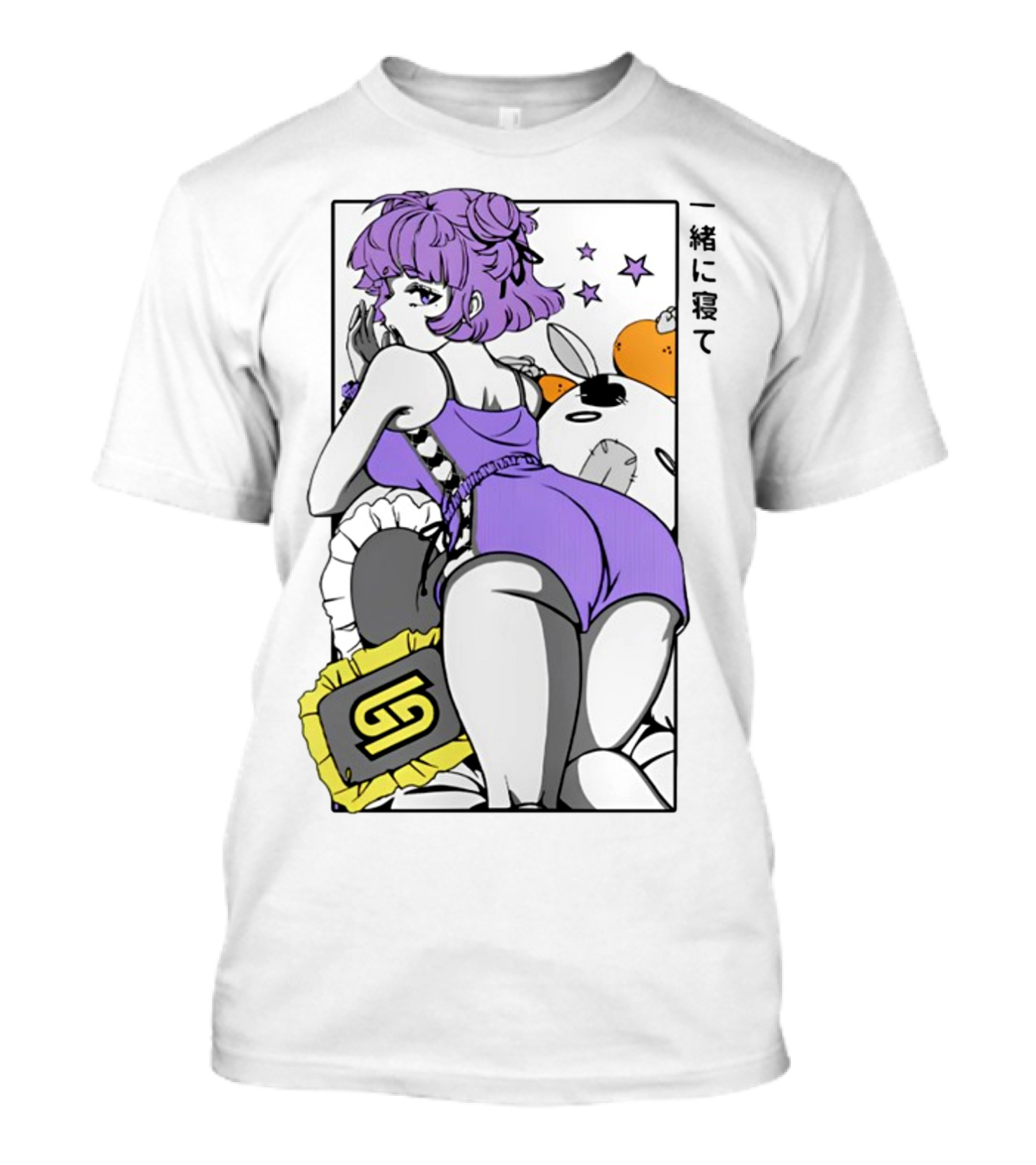Waifu S5.1 Pillow Talk Purple Hair Anime Girl With Cute Plushies And Stars T-Shirt