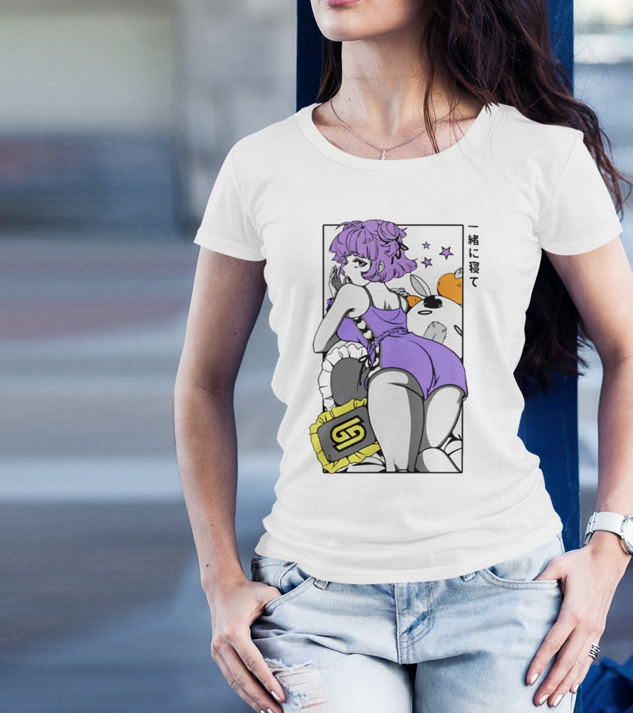 Waifu S5.1 Pillow Talk Purple Hair Anime Girl With Cute Plushies And Stars T-Shirt