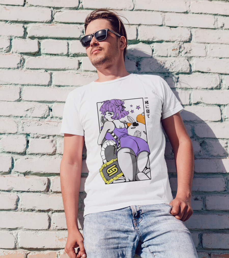 Waifu S5.1 Pillow Talk Purple Hair Anime Girl With Cute Plushies And Stars T-Shirt