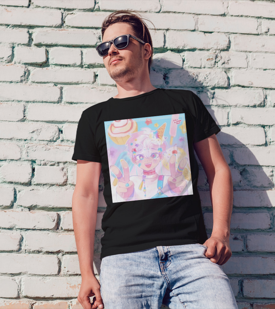 Refrainbow Unicorn Boy Ice Cream Sweet Treats Peace Signs T-Shirt