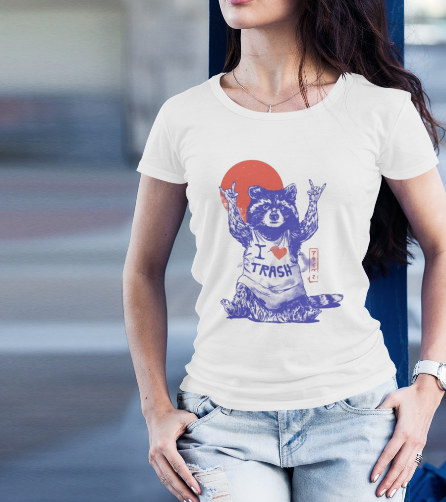 Wickedclothes I Love Trash Raccoon Rock Gesture Red Moon T-Shirt