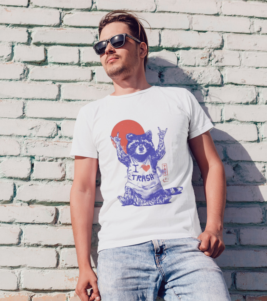 Wickedclothes I Love Trash Raccoon Rock Gesture Red Moon T-Shirt