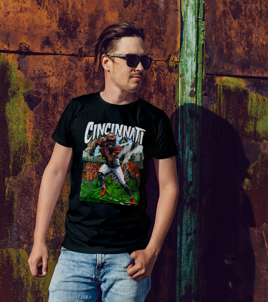 Cincinnati Jungle Football Player With Tigers And City Skyline T-Shirt