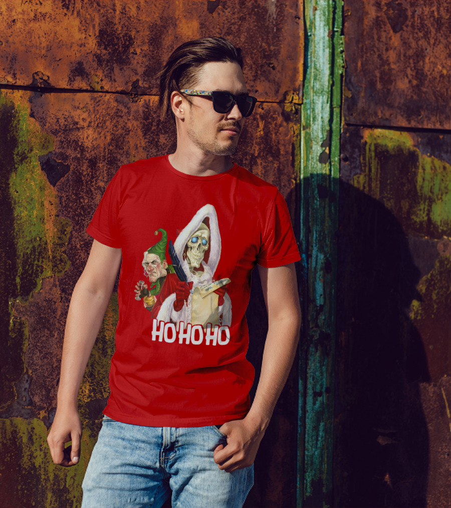 Ho Ho Ho Death With Albert Hogs Santa Skeleton And Elf T-Shirt