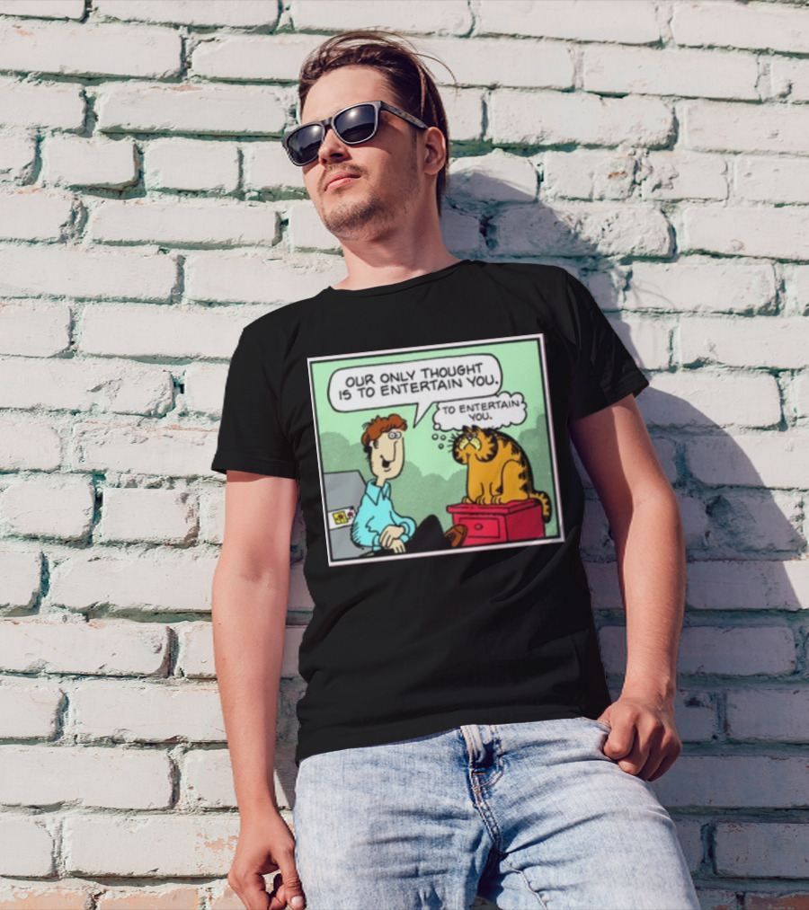 Quinton Reviews Our Only Thought Is To Entertain You Cartoon Cat Humorous Speech Bubble T-Shirt