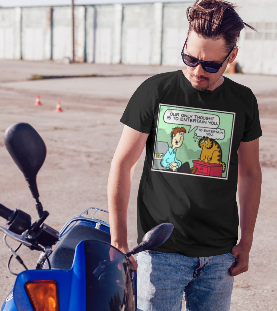 Quinton Reviews Our Only Thought Is To Entertain You Cartoon Cat Humorous Speech Bubble T-Shirt