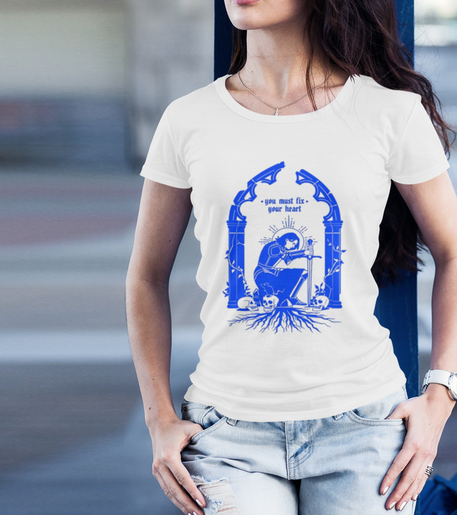 You Must Fix Your Heart Kneeling Skeleton With Sword And Skull Gothic Arch T-Shirt