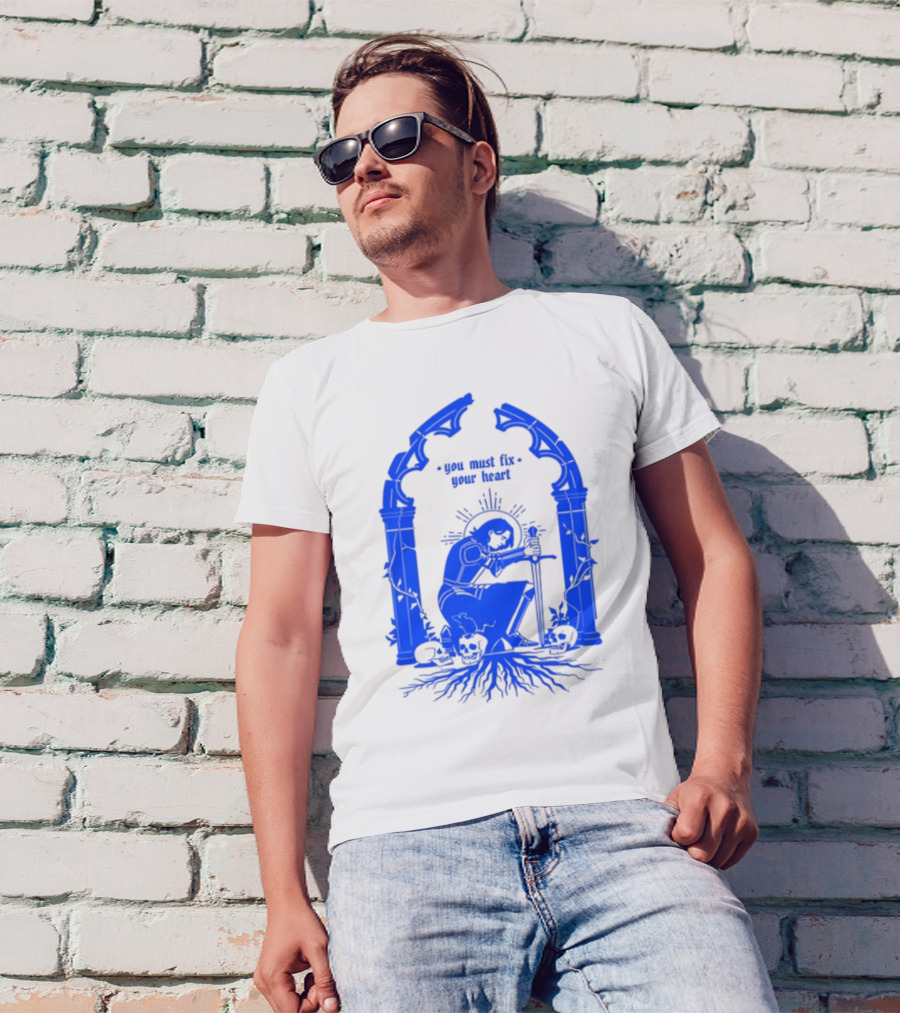 You Must Fix Your Heart Kneeling Skeleton With Sword And Skull Gothic Arch T-Shirt