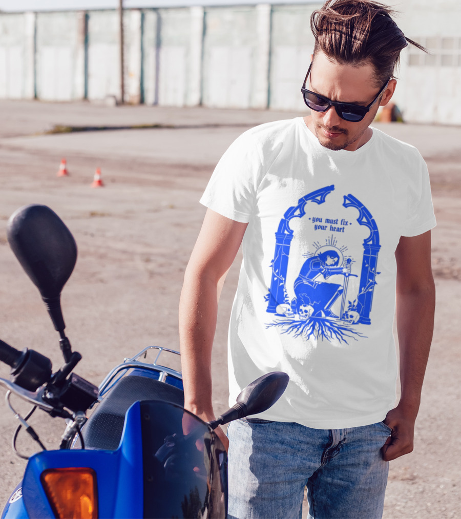 You Must Fix Your Heart Kneeling Skeleton With Sword And Skull Gothic Arch T-Shirt
