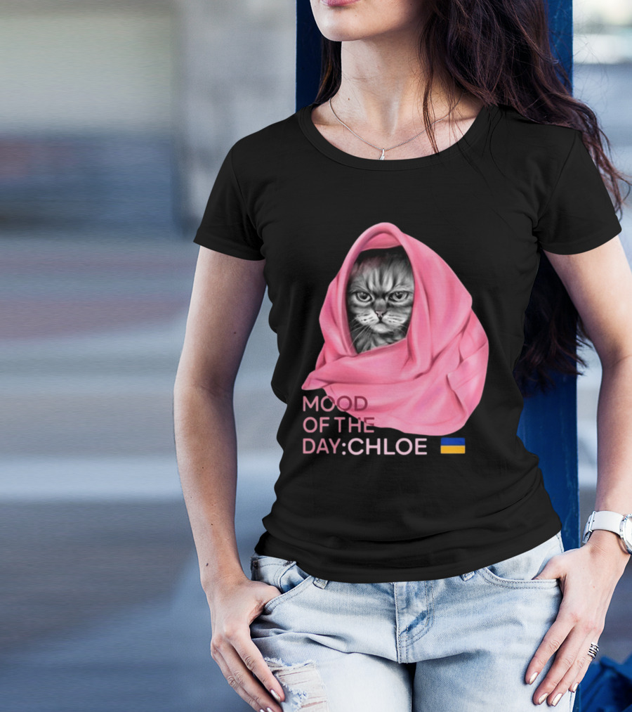 Mood Of The Day: Chloe Juliapod Pink Cat With Ukrainian Flag Background T-Shirt