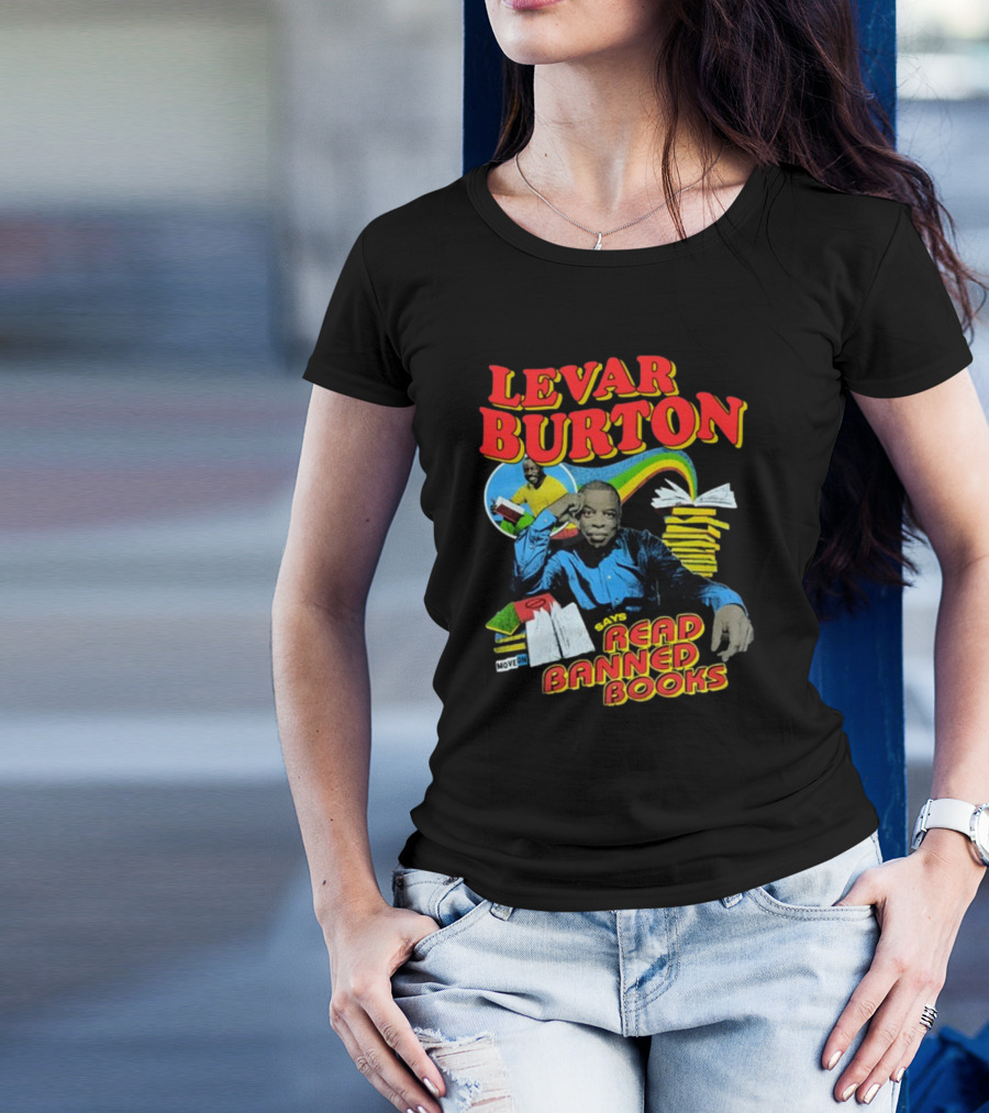 Levar Burton Says Read Banned Books With Stacked Literature And Rainbow T-Shirt