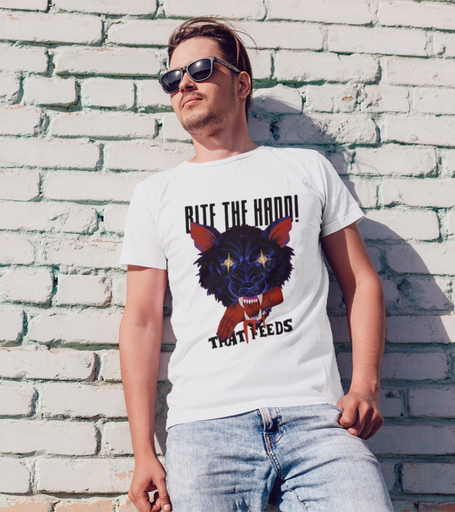 Galactixy Bite The Hand That Feeds Wolf With Glowing Eyes Holding Severed Hand T-Shirt