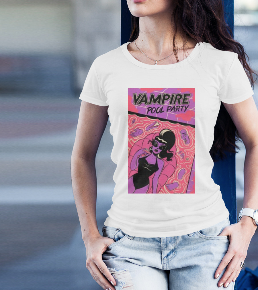 Vampire Pool Party Retro Vibes With Tragic Girl And Floating Accessories T-Shirt
