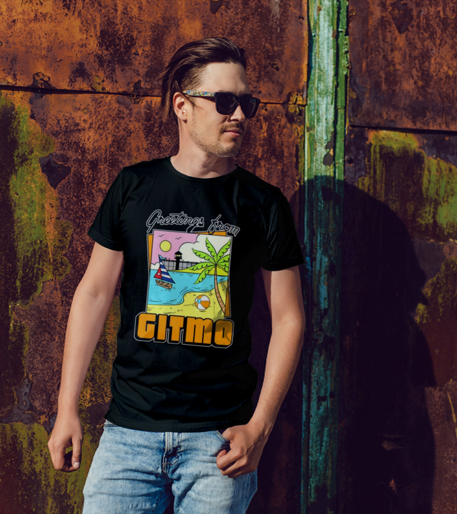 Greetings From Gitmo Sunshine Beach Scene With Palm Trees And Sailboat T-Shirt
