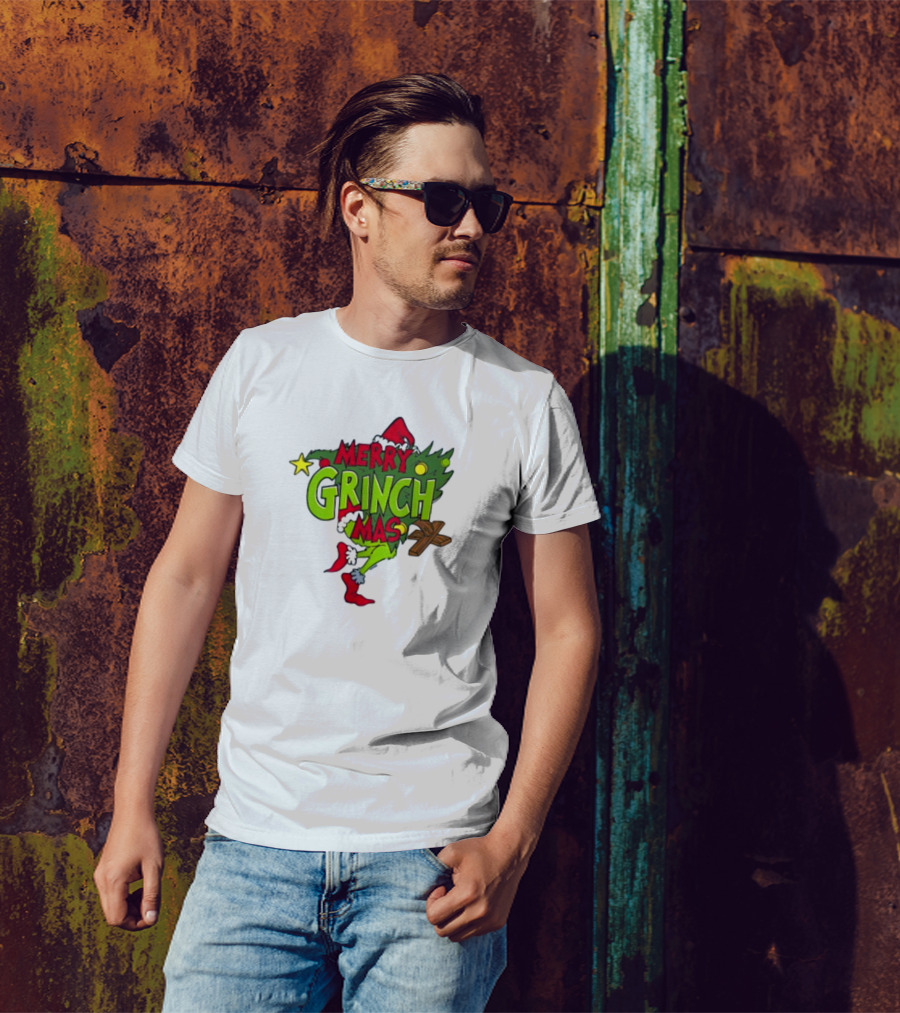 Merry Grinchmas Tree With Santa Hat And Holiday Decorations T-Shirt