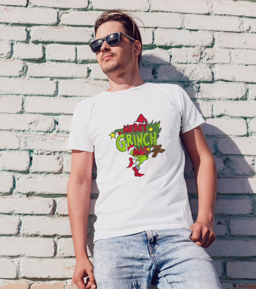 Merry Grinchmas Tree With Santa Hat And Holiday Decorations T-Shirt