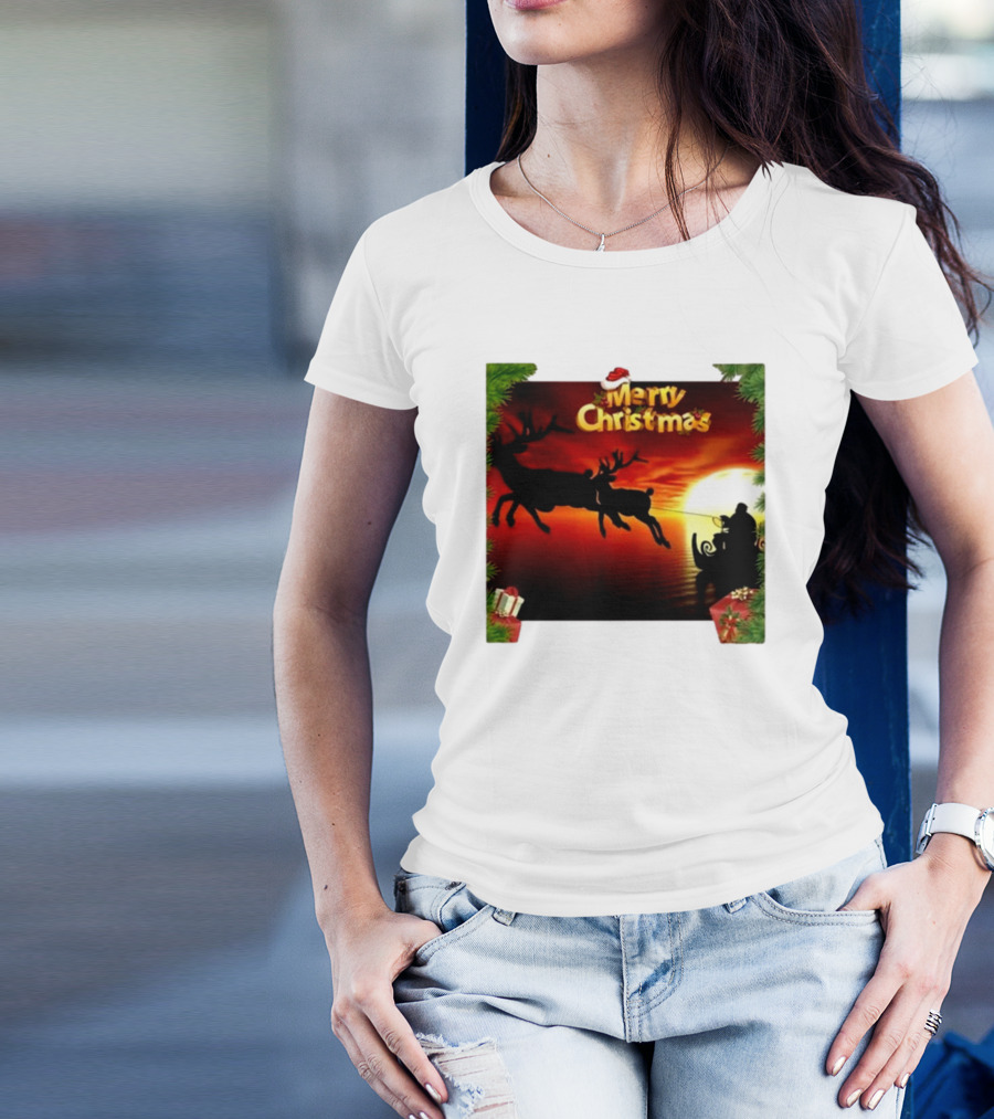 Merry Christmas Santa Claus Sleigh Sunset With Reindeer In Holiday Scene T-Shirt