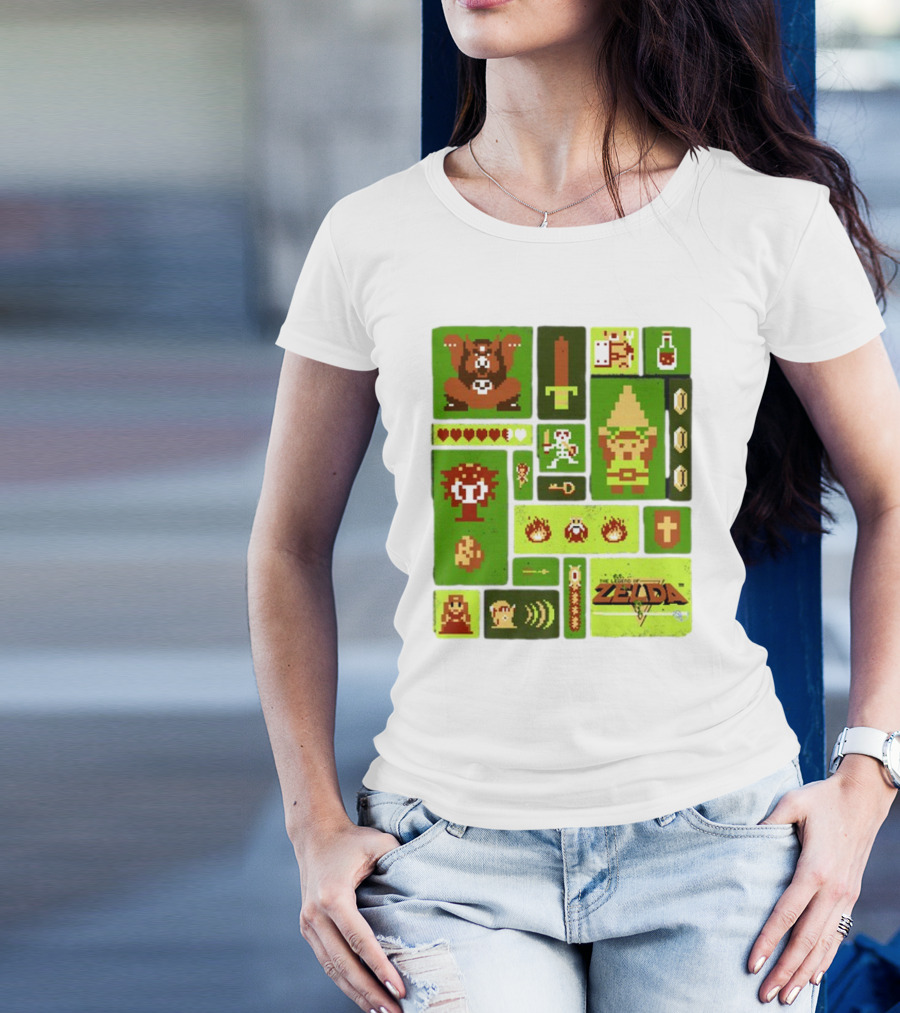 Pixelated Zelda And Link Adventure Icons Mosaic With Sword And Hearts T-Shirt