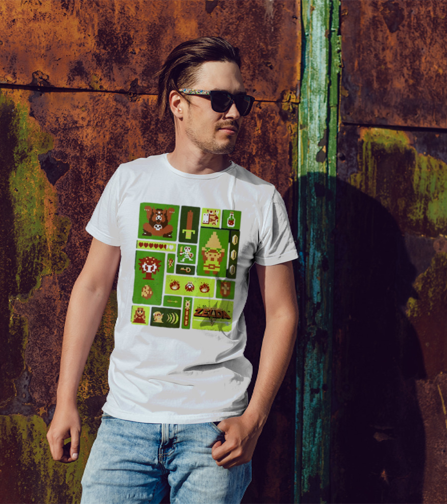 Pixelated Zelda And Link Adventure Icons Mosaic With Sword And Hearts T-Shirt