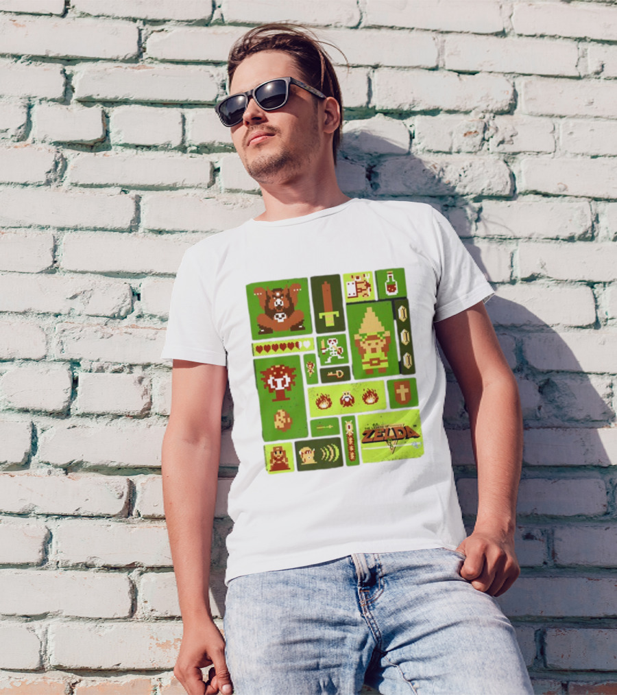 Pixelated Zelda And Link Adventure Icons Mosaic With Sword And Hearts T-Shirt