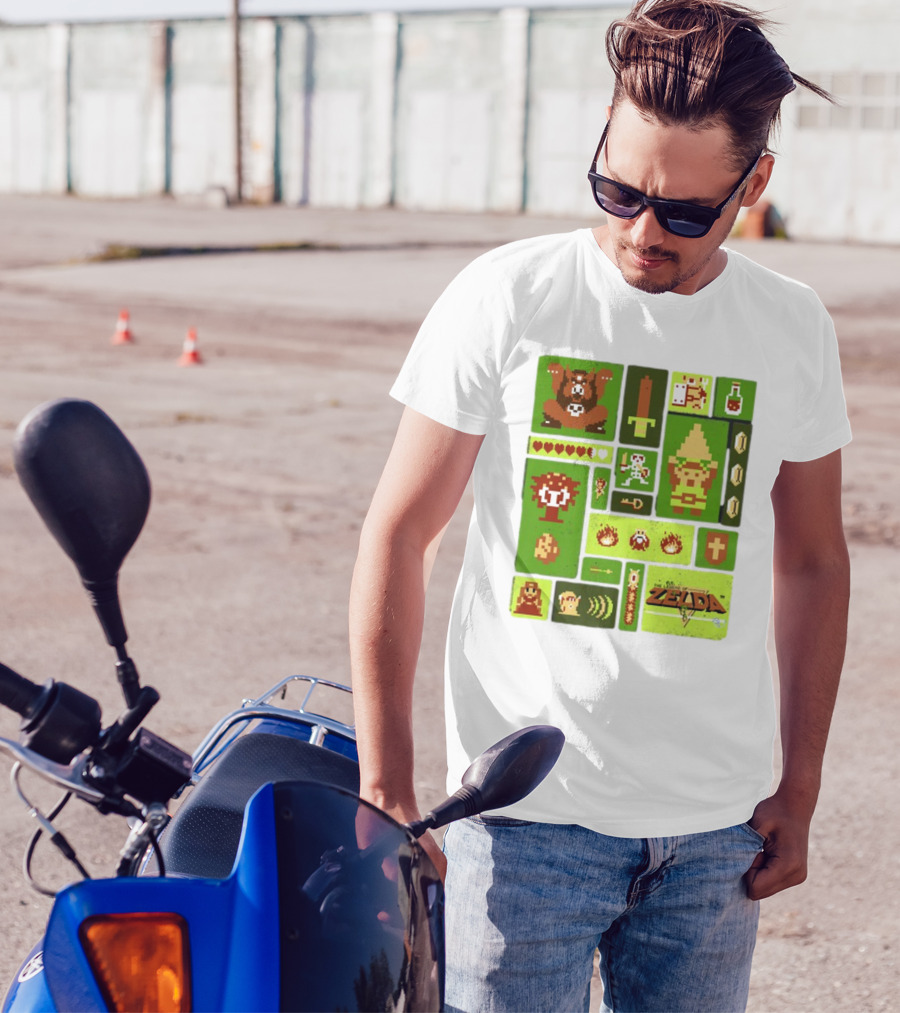 Pixelated Zelda And Link Adventure Icons Mosaic With Sword And Hearts T-Shirt