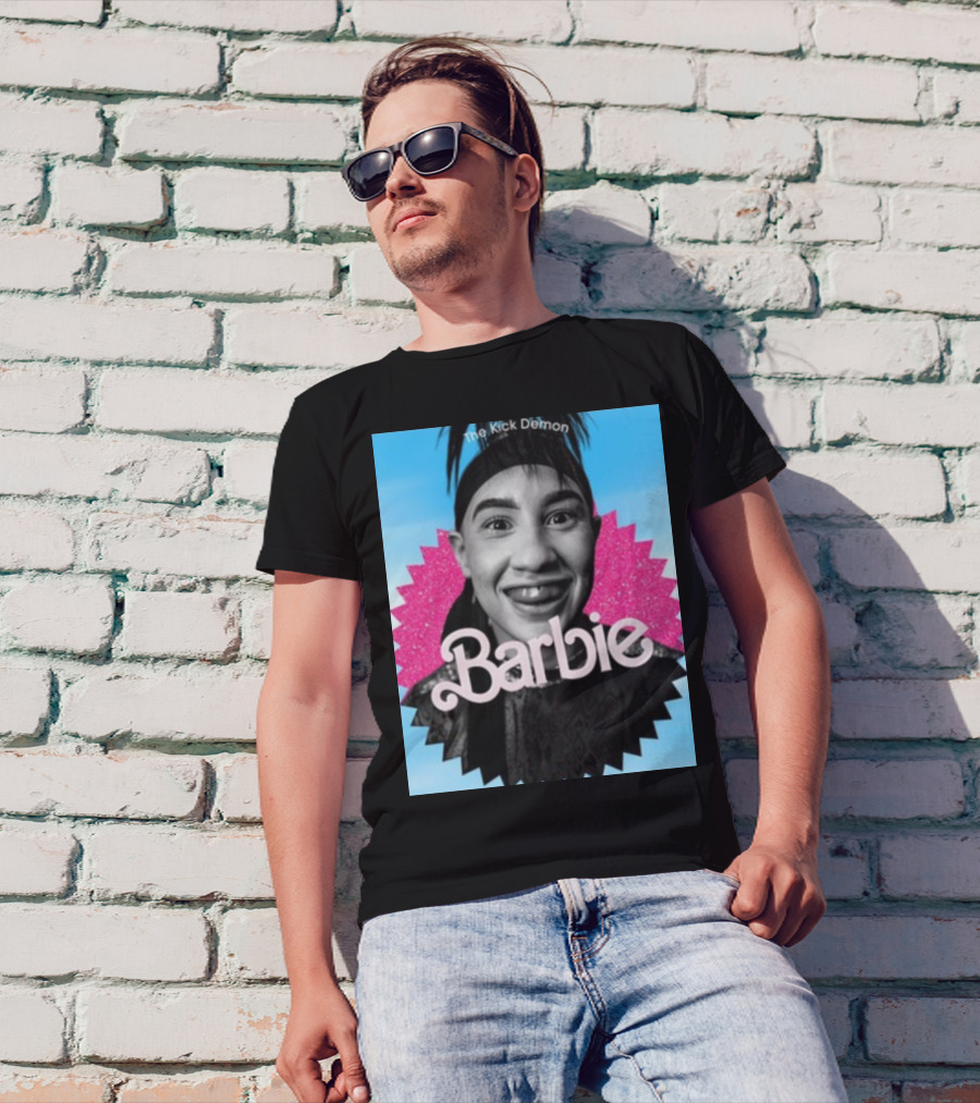 Kick Demon Barbie Smiling Portrait With Pink Starburst Background T-Shirt