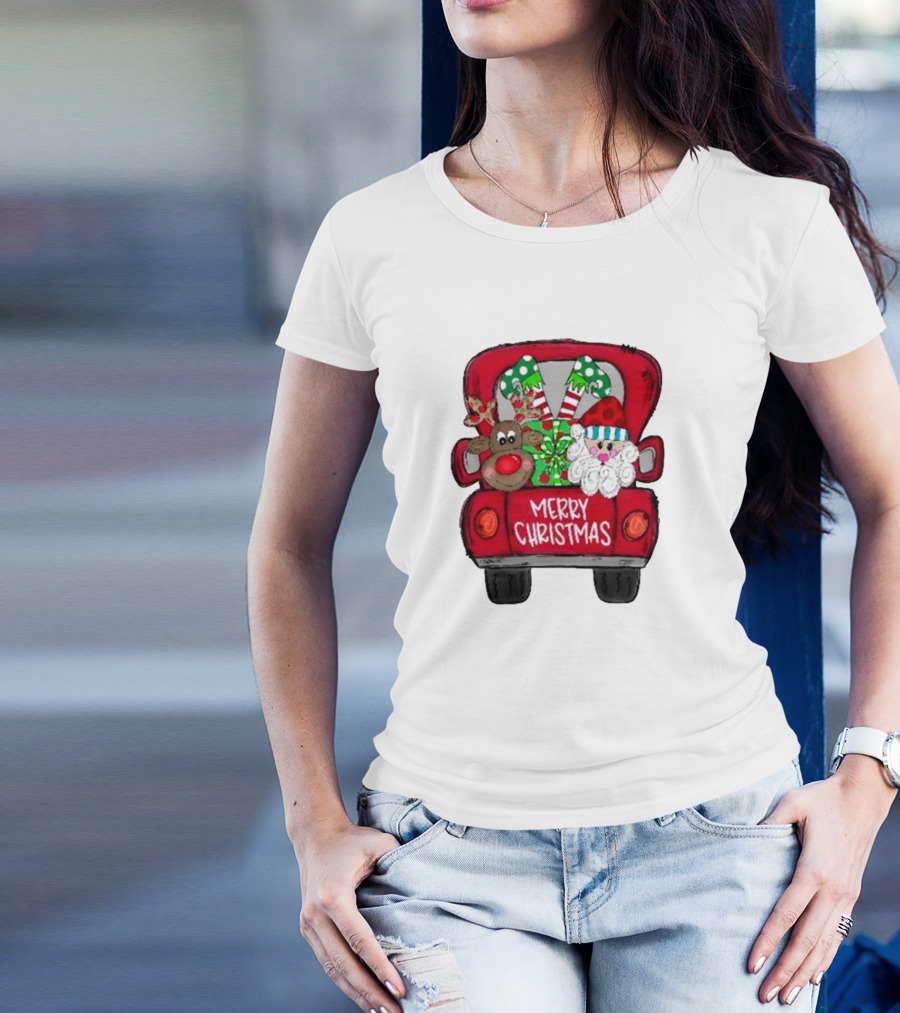Merry Christmas Santa And Reindeer With Presents In Truck T-Shirt