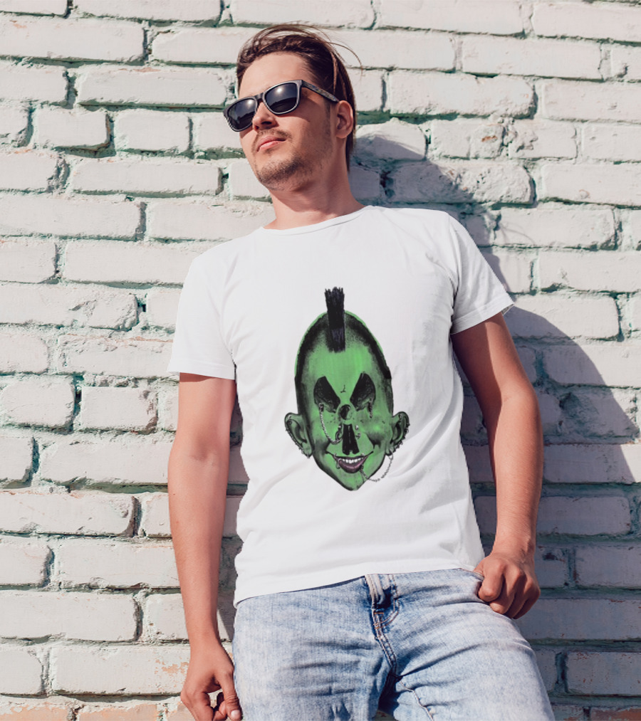 Willy Warhol Green Punk Face Mohawk Piercings T-Shirt