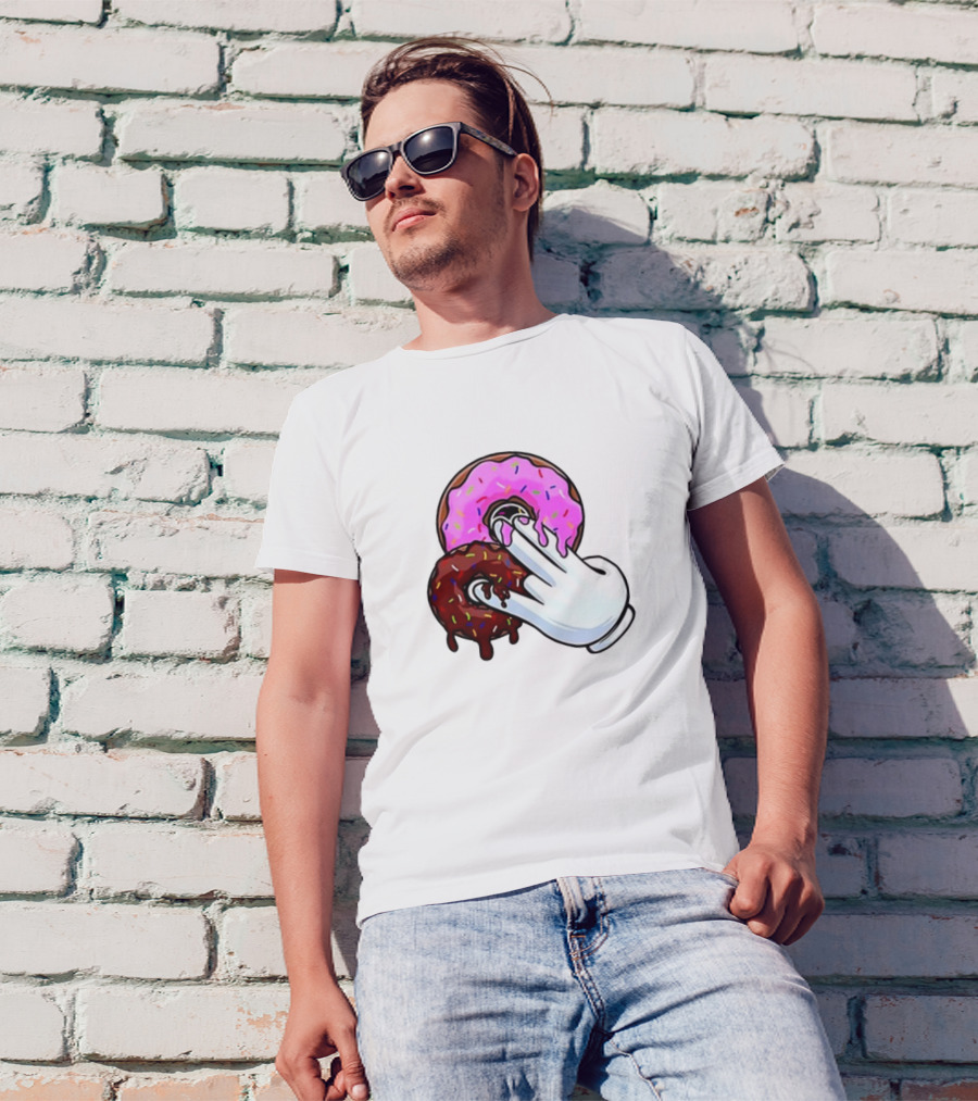 Funnyahhtees Pink And Brown Donuts With Cartoon Glove Hand T-Shirt