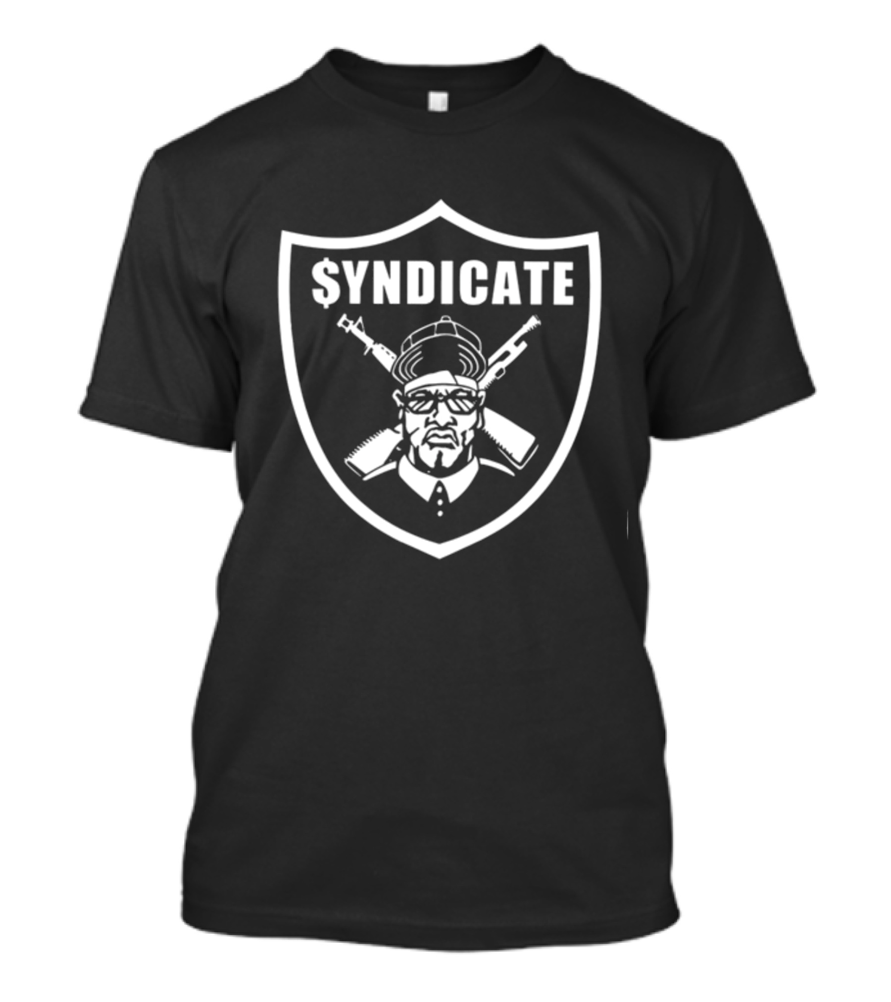 Rhyme Syndicate Shield Logo With Hip-Hop Icon And Crossed Guns T-Shirt