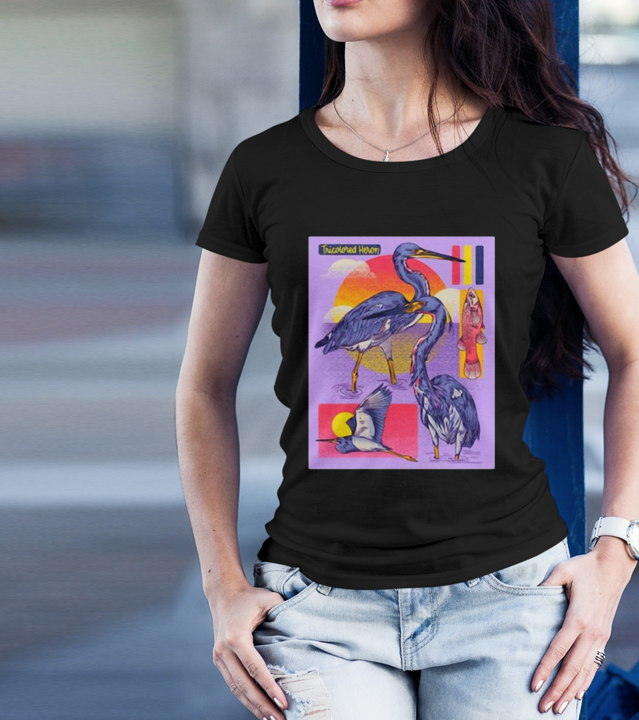 Tricolored Heron Sunset Scene With Fish And Flying Heron T-Shirt