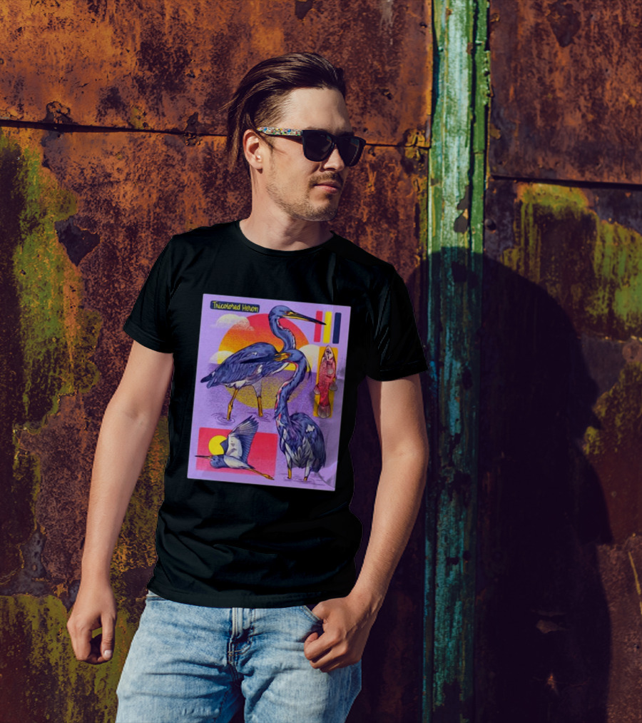 Tricolored Heron Sunset Scene With Fish And Flying Heron T-Shirt