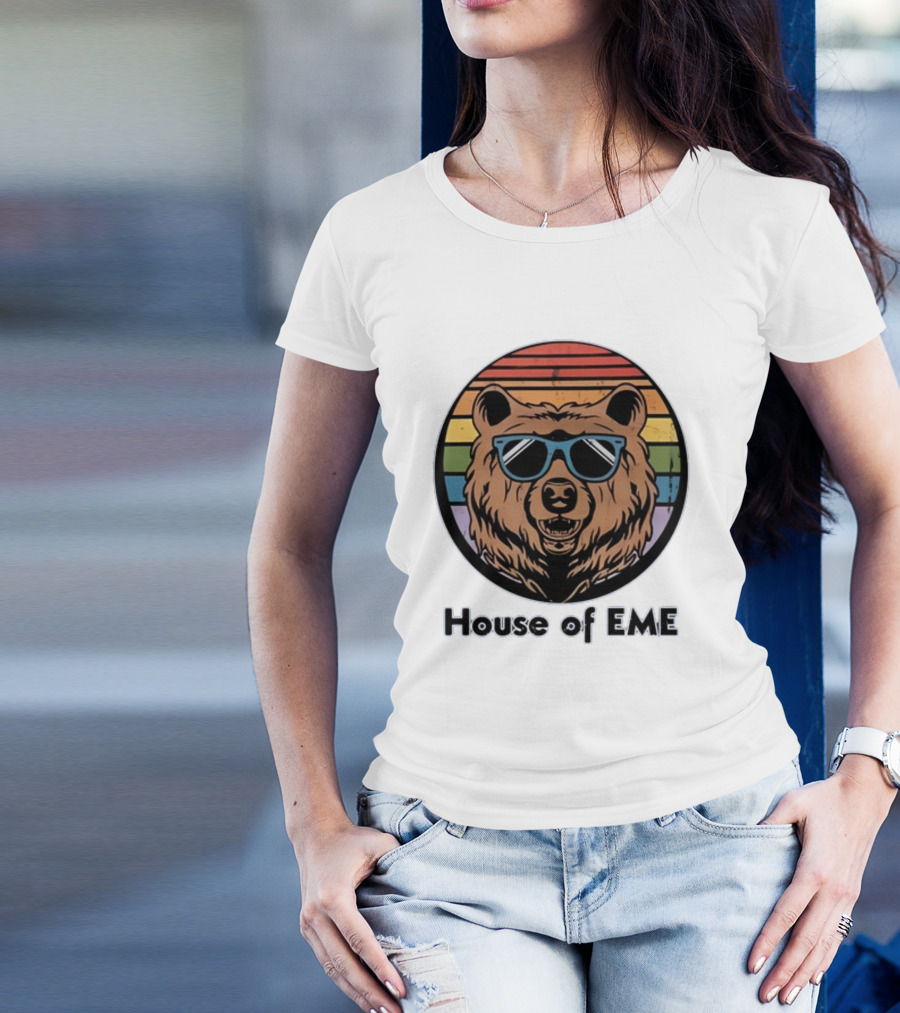 Migs Santillan House Of EME Bear Logo Sunglasses Rainbow Background T-Shirt