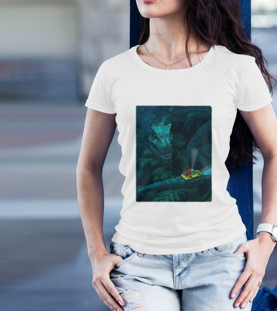 Jurassic Park T-Rex And SUV Night Scene Rainy Adventure T-Shirt