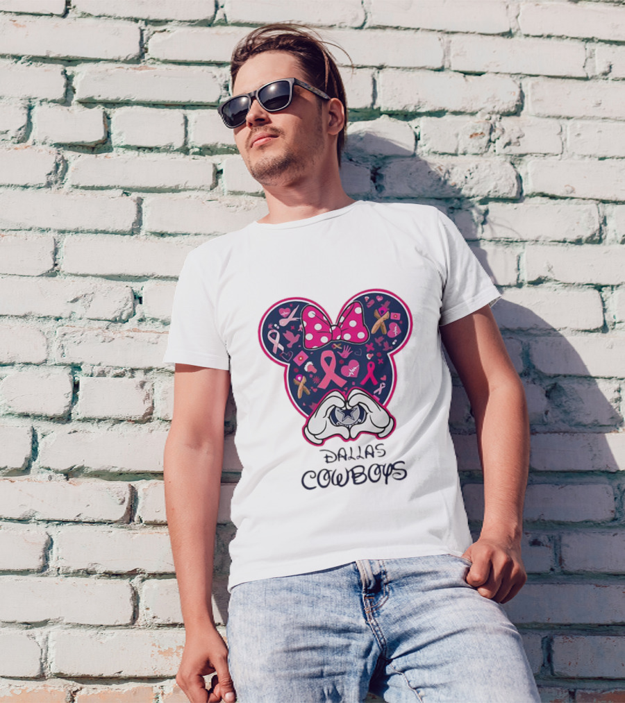 Minnie Mouse Pink Ribbon Heart Hands Dallas Cowboys Breast Cancer Awareness T-Shirt