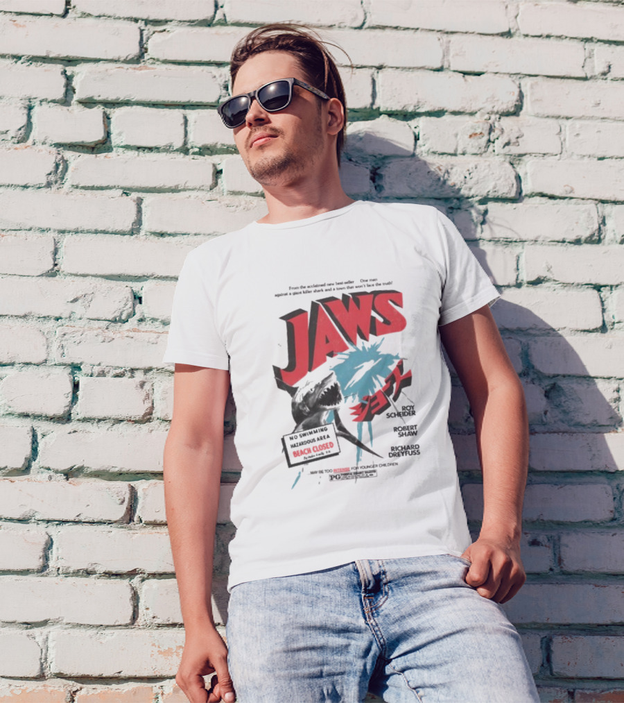 Jaws One Man Against A Giant Killer Shark Beach Closed Hazardous Area Roy Scheider Robert Shaw Richard Dreyfuss T-Shirt