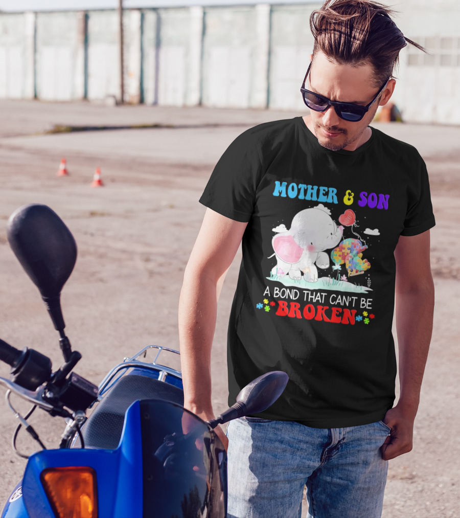 Mother And Son Elephants Autism Puzzle Heart A Bond That Can't Be Broken T-Shirt