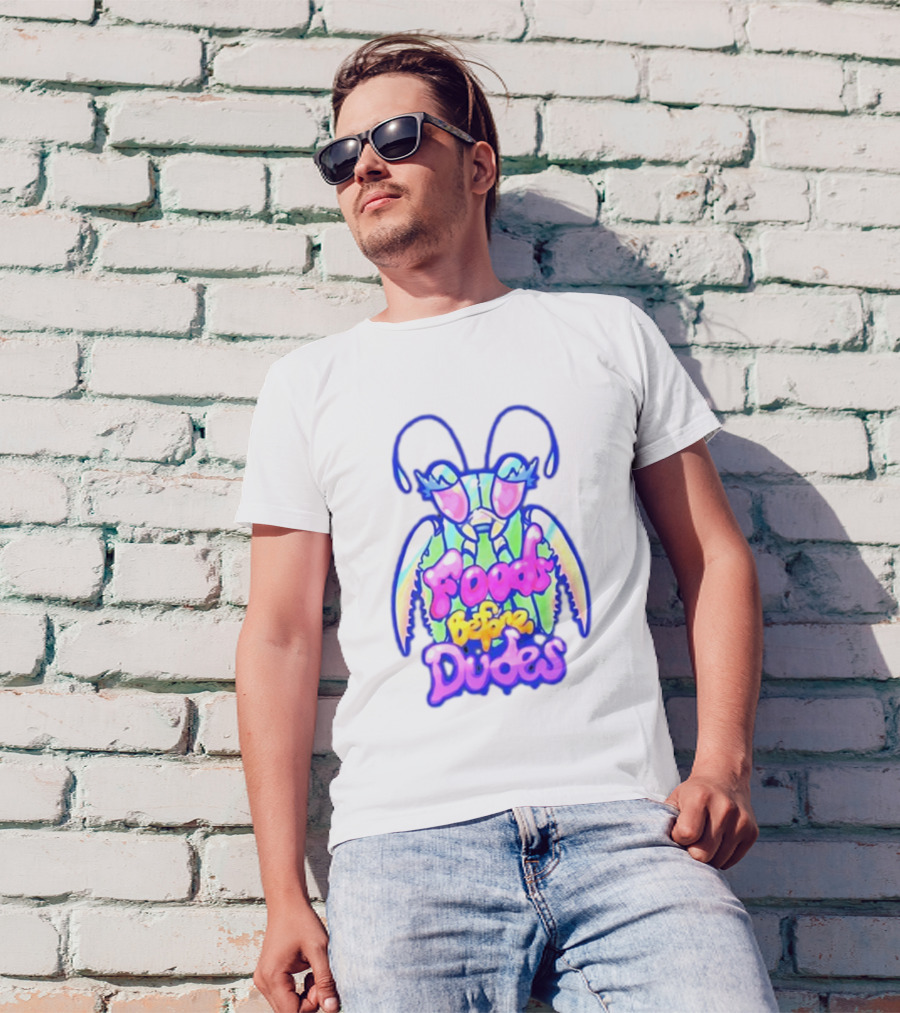 Mantis Neon Foods Before Dudes Colorful Insect Motif T-Shirt