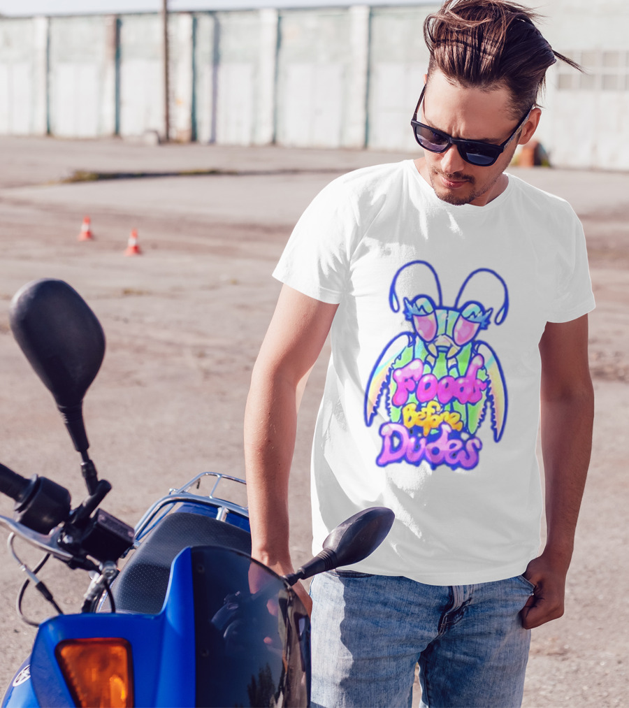 Mantis Neon Foods Before Dudes Colorful Insect Motif T-Shirt