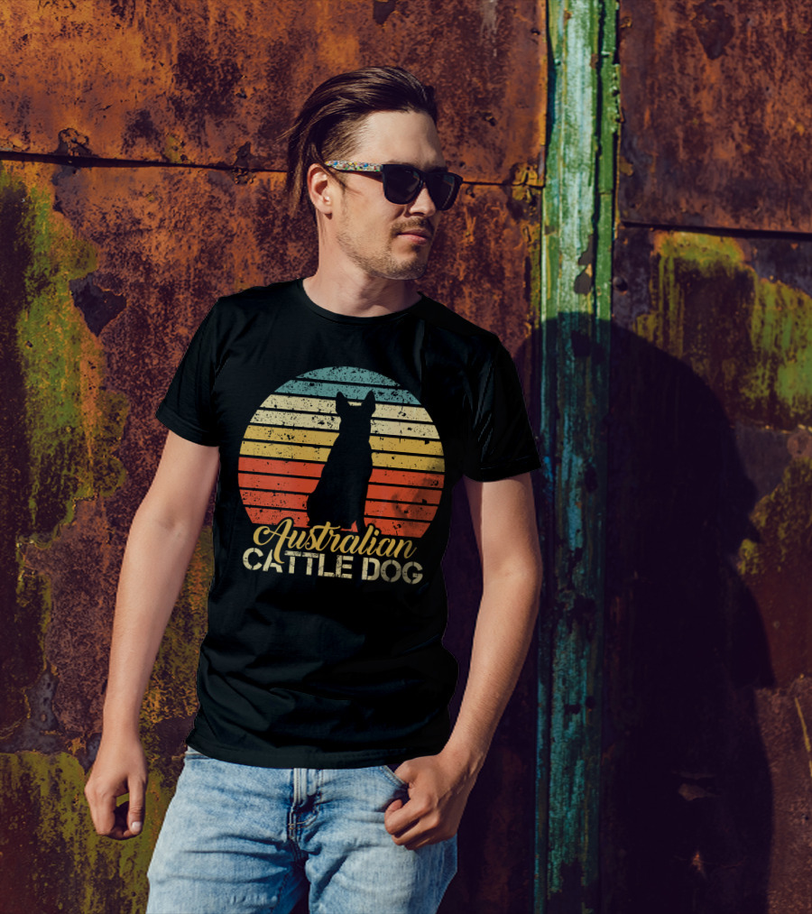 Retro Australian Cattle Dog Silhouette With Vintage Striped Sunset T-Shirt