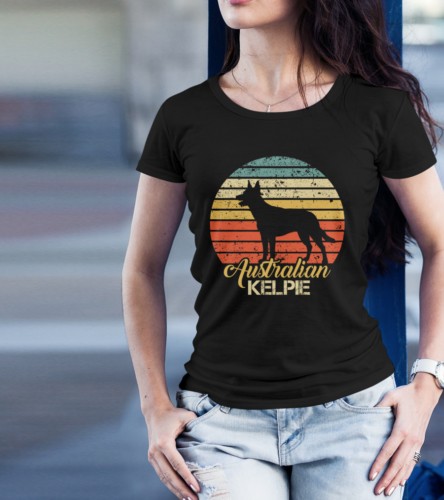 Retro Australian Kelpie Silhouette With Vintage Stripes T-Shirt