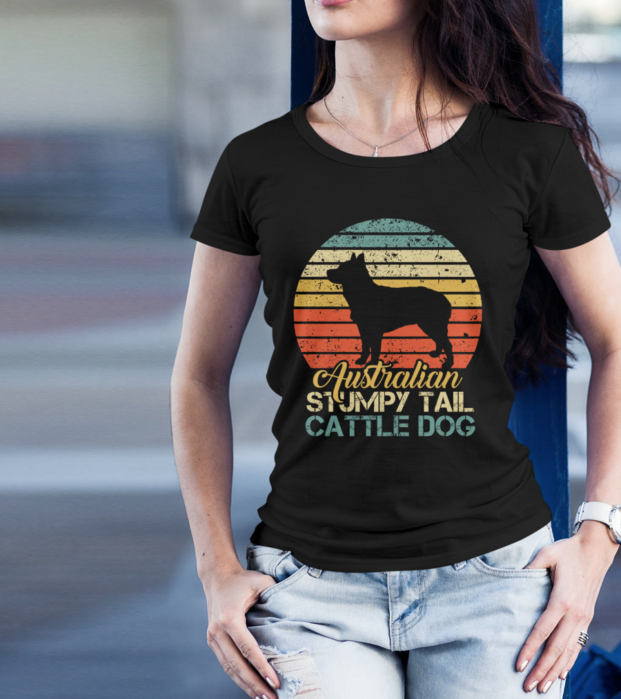 Vintage Retro Australian Stumpy Tail Cattle Dog Silhouette Sunset Stripes T-Shirt