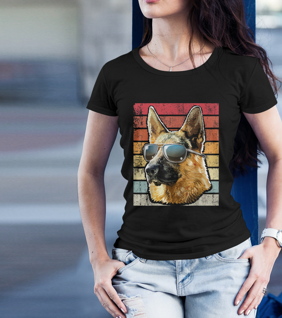 Retro Vintage German Shepherd Dog Sunglasses Stripes T-Shirt
