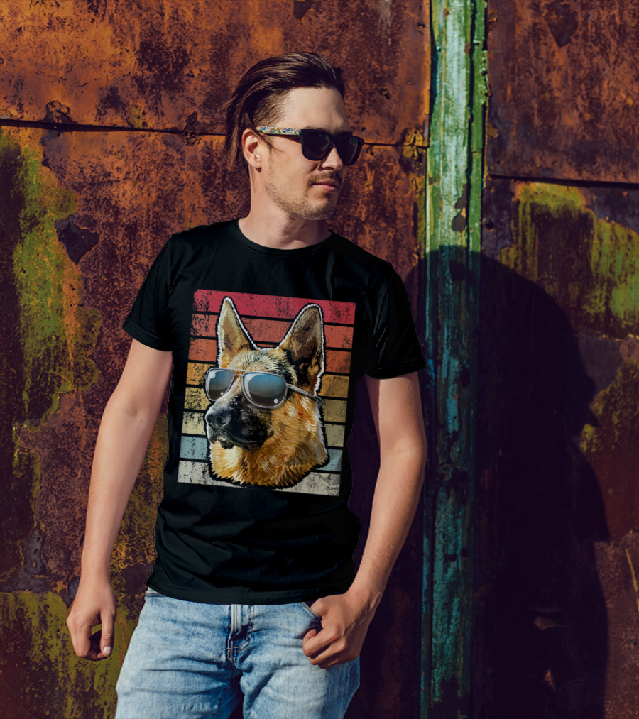 Retro Vintage German Shepherd Dog Sunglasses Stripes T-Shirt