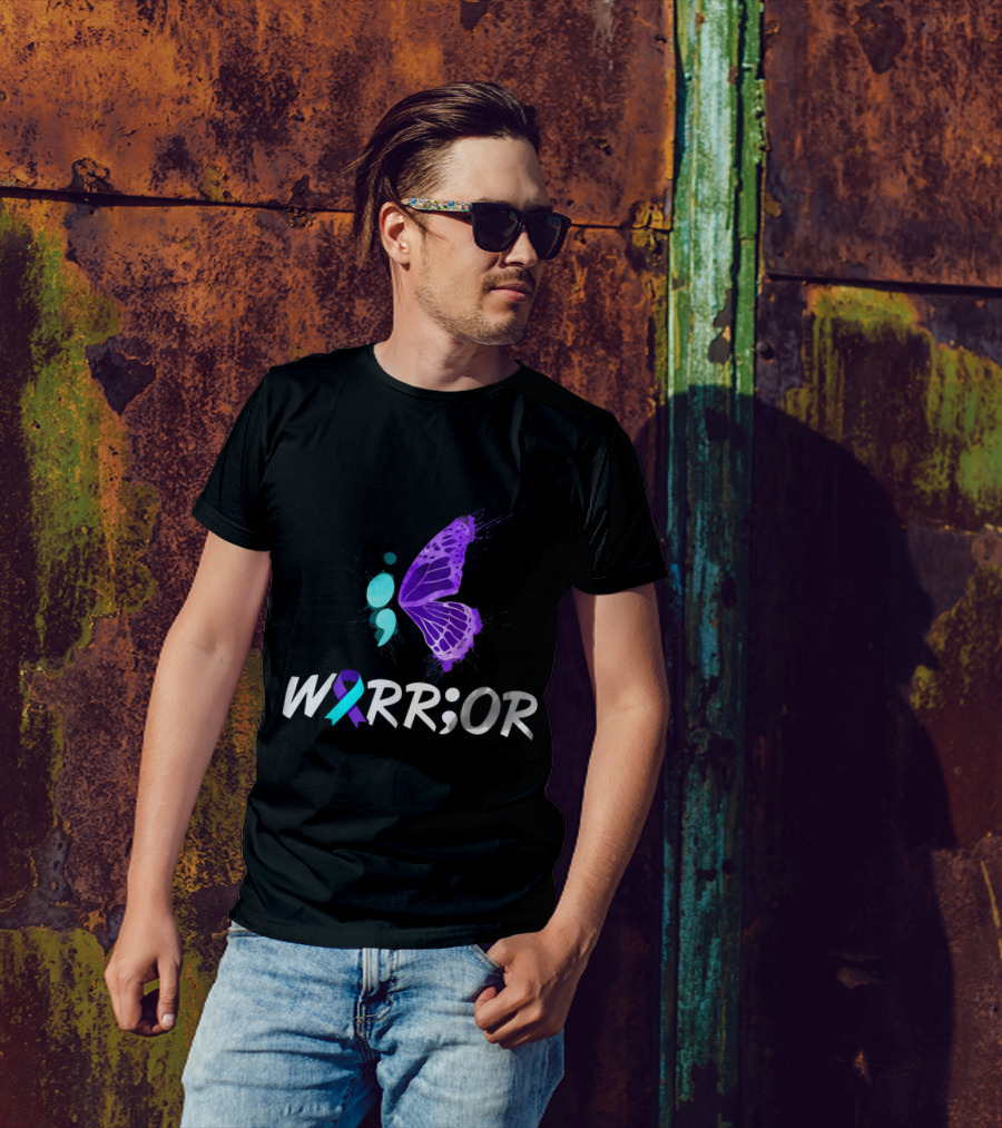 WARRIOR Semicolon Butterfly With Awareness Ribbon For Suicide Prevention Awareness T-Shirt