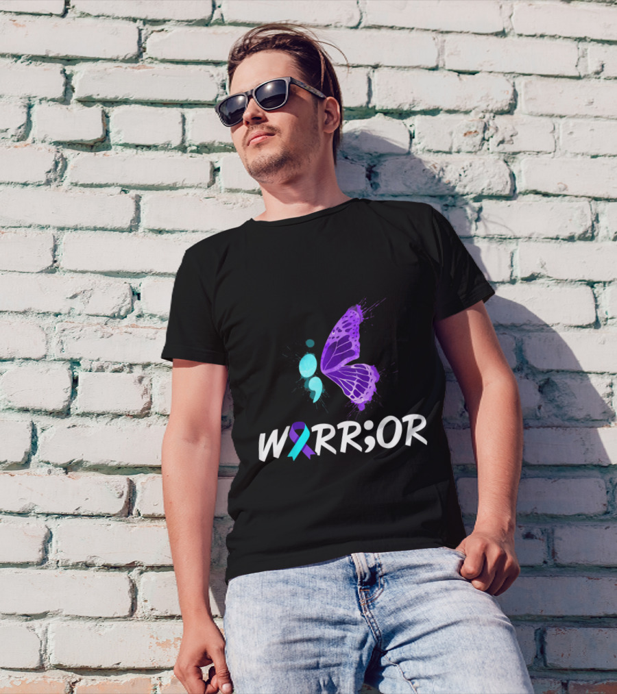 WARRIOR Semicolon Butterfly With Awareness Ribbon For Suicide Prevention Awareness T-Shirt