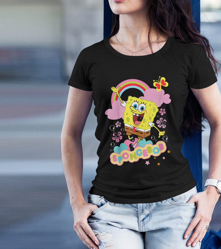 SpongeBob SquarePants Rainbow Clouds Bubbles Butterfly Flowers Stars T-Shirt