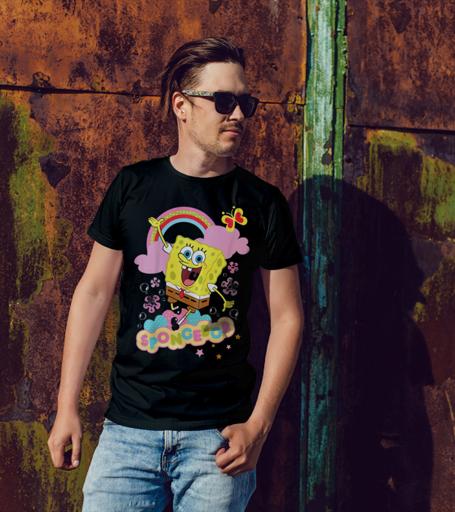 SpongeBob SquarePants Rainbow Clouds Bubbles Butterfly Flowers Stars T-Shirt