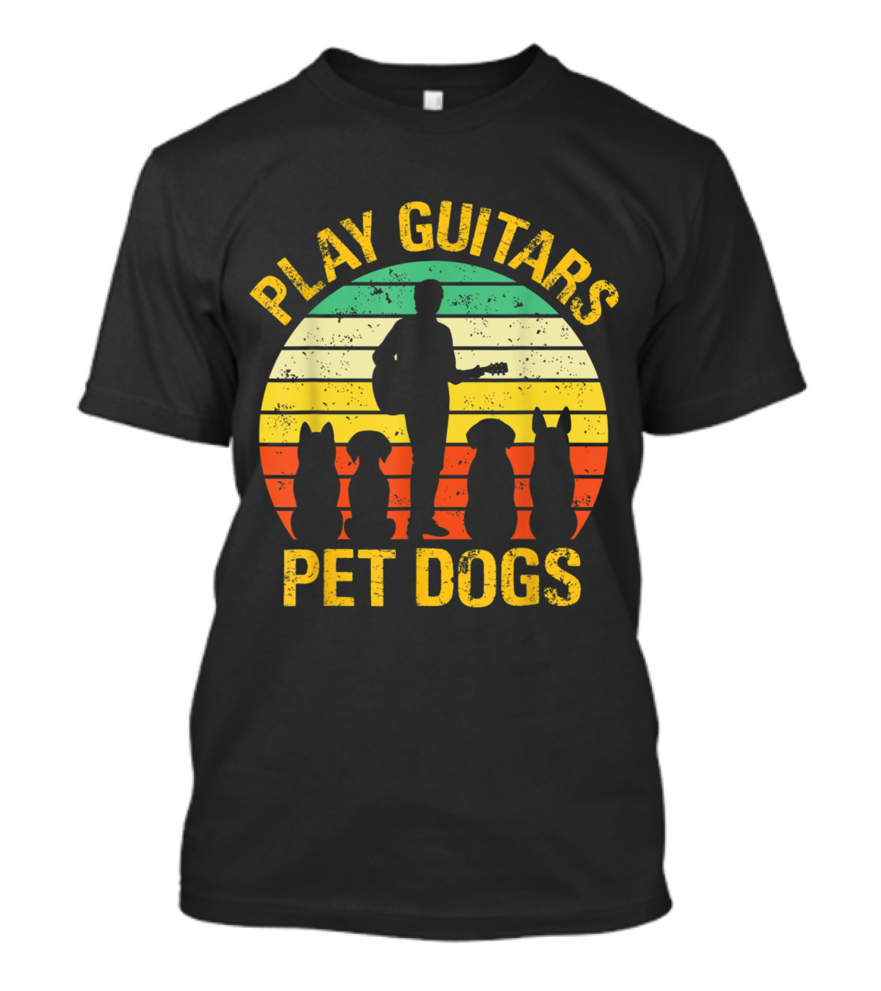 Retro Vintage Play Guitars Pet Dogs Silhouette Sunset T-Shirt