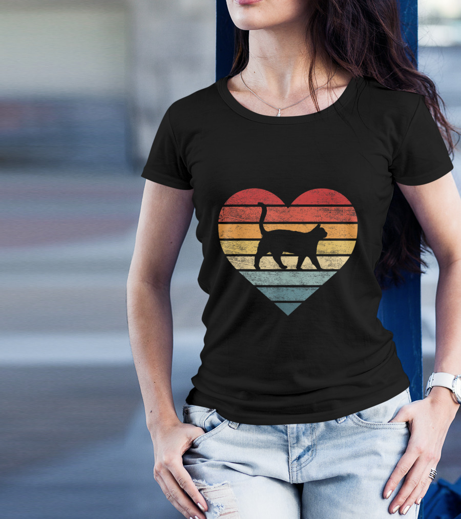Vintage Striped Heart Cat Lover Pet Owner Kitty T-Shirt